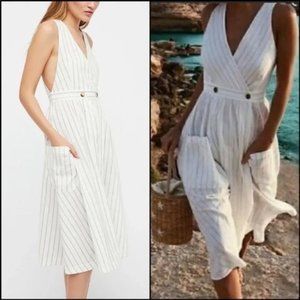 Free People Diana Cotton Wrap White Black Pinstripe Pocket Shift Midi Dress M